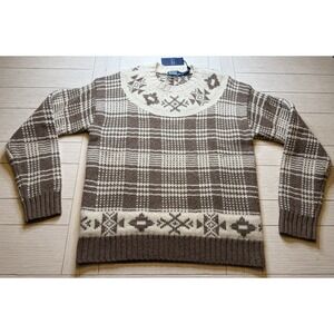 Polo Ralph Lauren NWT Fair Isle Wool & Linen Crewneck Men Sweater Brown Beige L